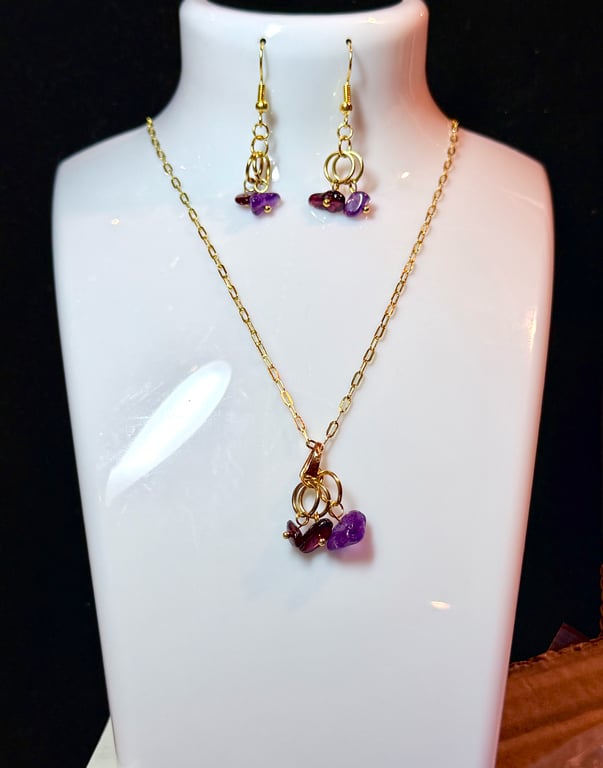 Handmade Purple Crystal Gemstone Earrings and Necklace Set