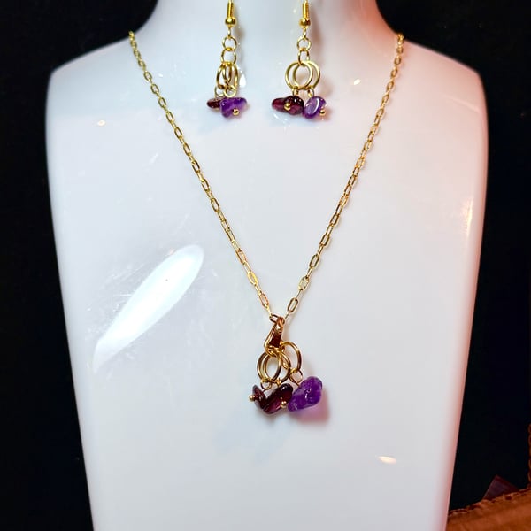 Handmade Purple Crystal Gemstone Earrings and Necklace Set
