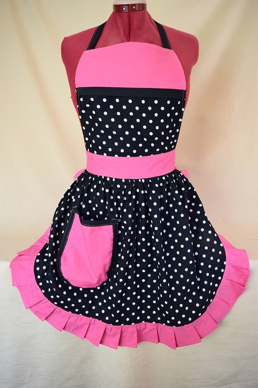 Vintage 50s Style Full Apron Pinny - Black & White Polka Dot with Pink Trim