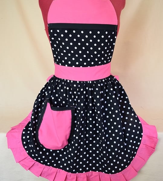 Vintage 50s Style Full Apron Pinny - Black & White Polka Dot with Pink Trim