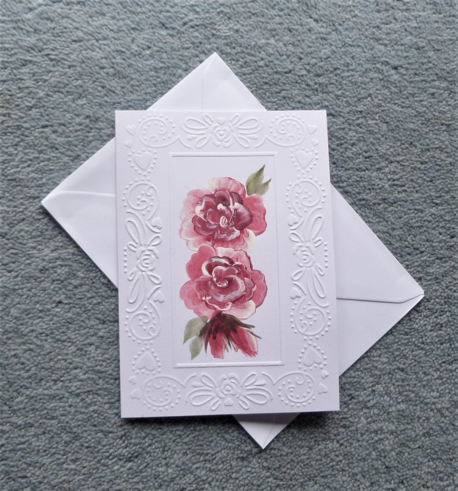 hand painted roses blank greetings card ( ref F 283 )