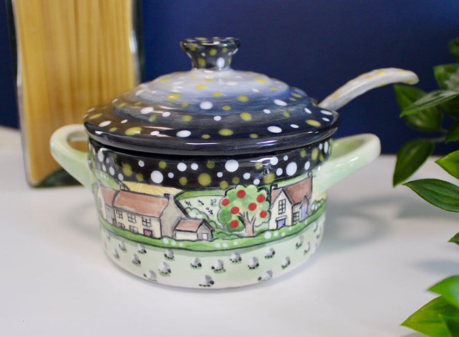 Starry night ceramic salt pot.
