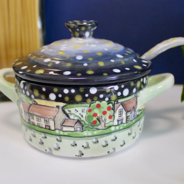 Starry night ceramic salt pot.