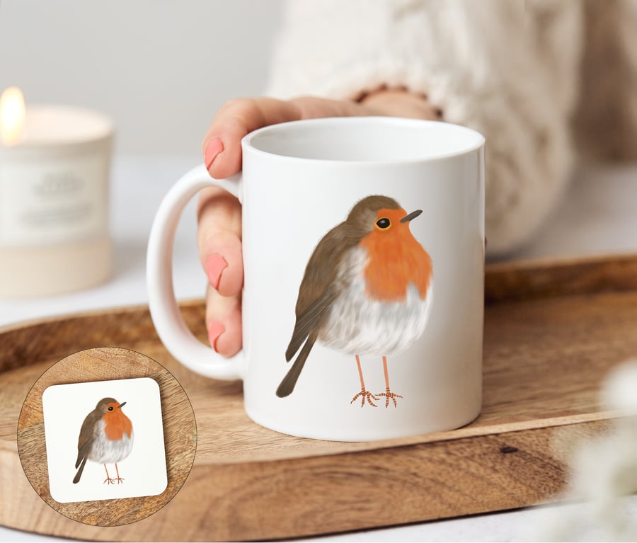 Robin Mug with optional matching coaster, Ramona the Robin