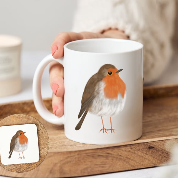 Robin Mug with optional matching coaster, Ramona the Robin