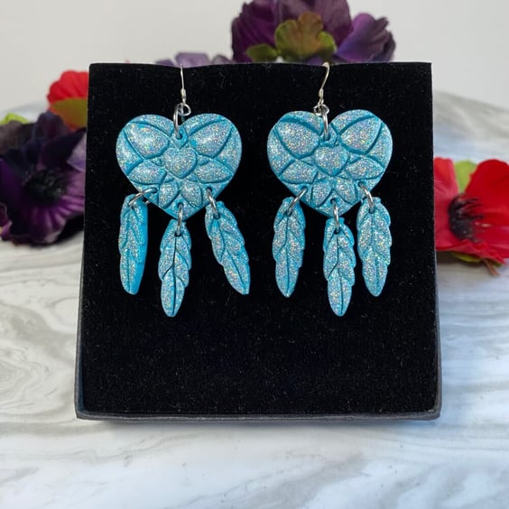 Dreamcatcher heart statement earrings turquoise polymer clay and silver glitter.