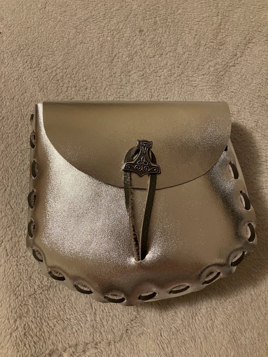 Silver Coloured Leather Medieval Style Pouch - Mjolnir button closure