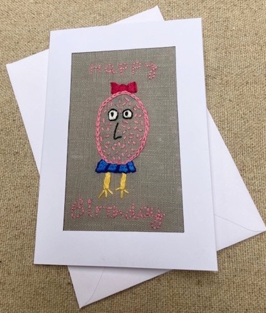 Cute character embroidered birthday card.