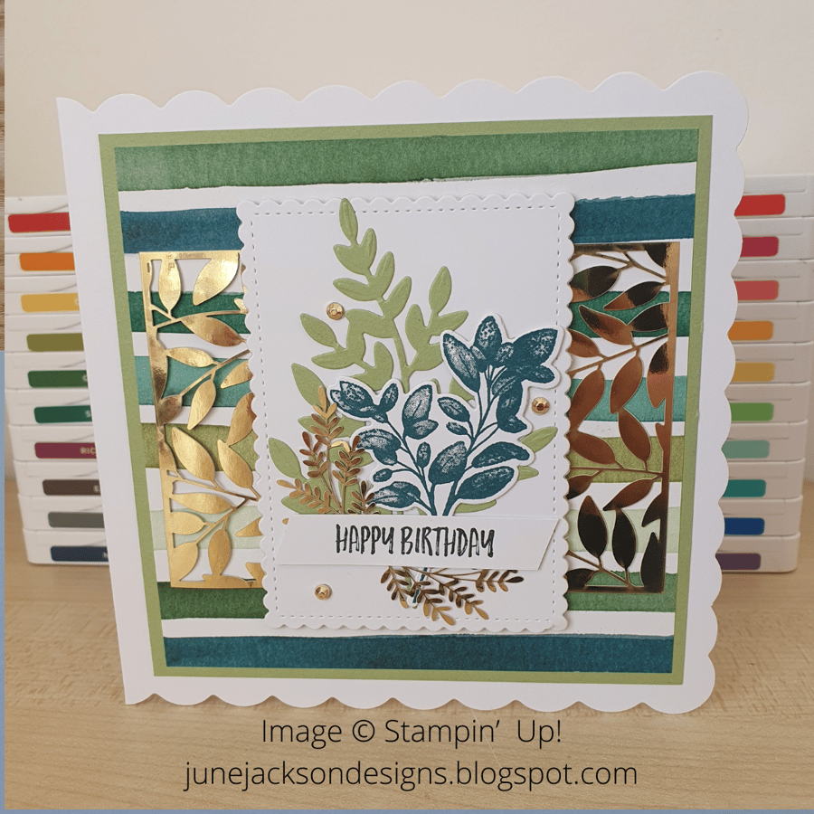 A handmade hand stamped Stampin’ Up! birthday card with foliage