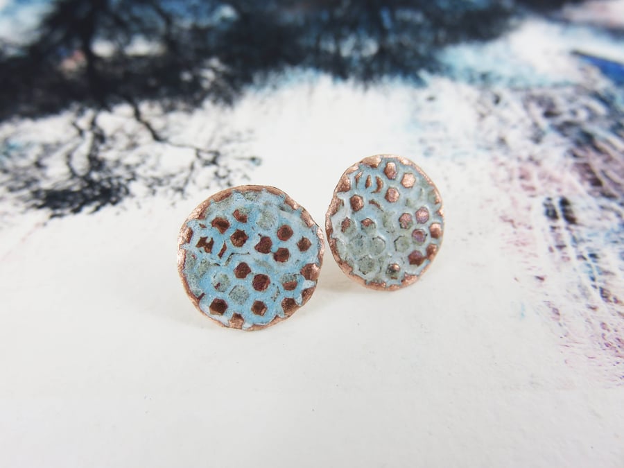 Enamel and Textured Copper Stud Earrings