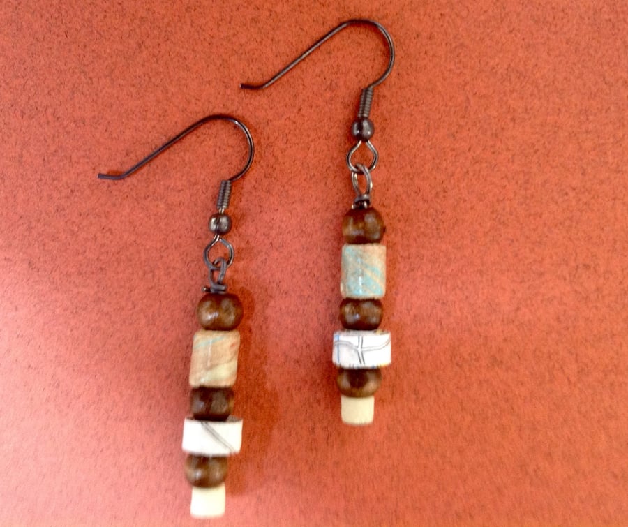 Paper bead earrings, made from old road map and marbled paper
