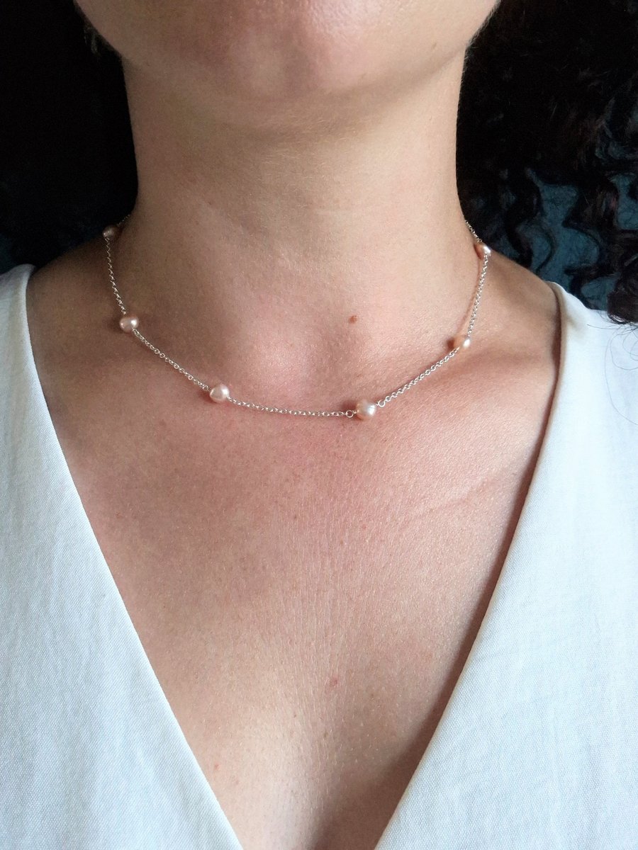 Freshwater pink pearl station necklace in recycled sterling silver
