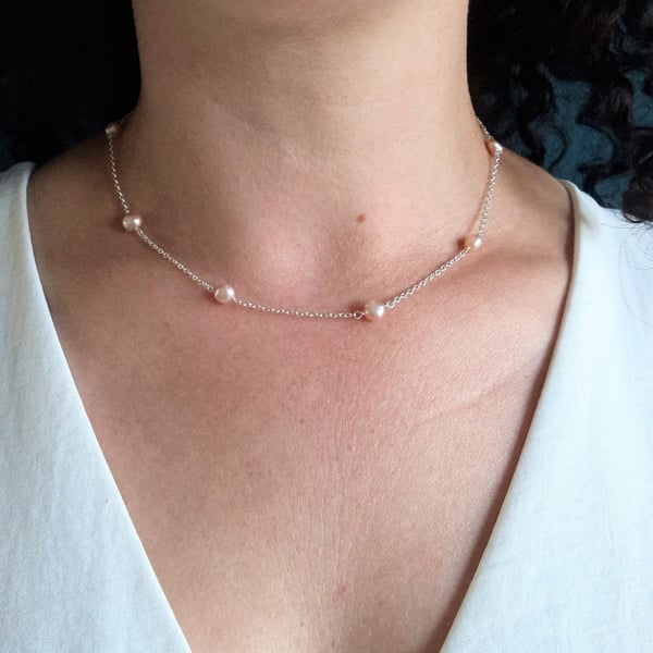 Freshwater pink pearl station necklace in recycled sterling silver