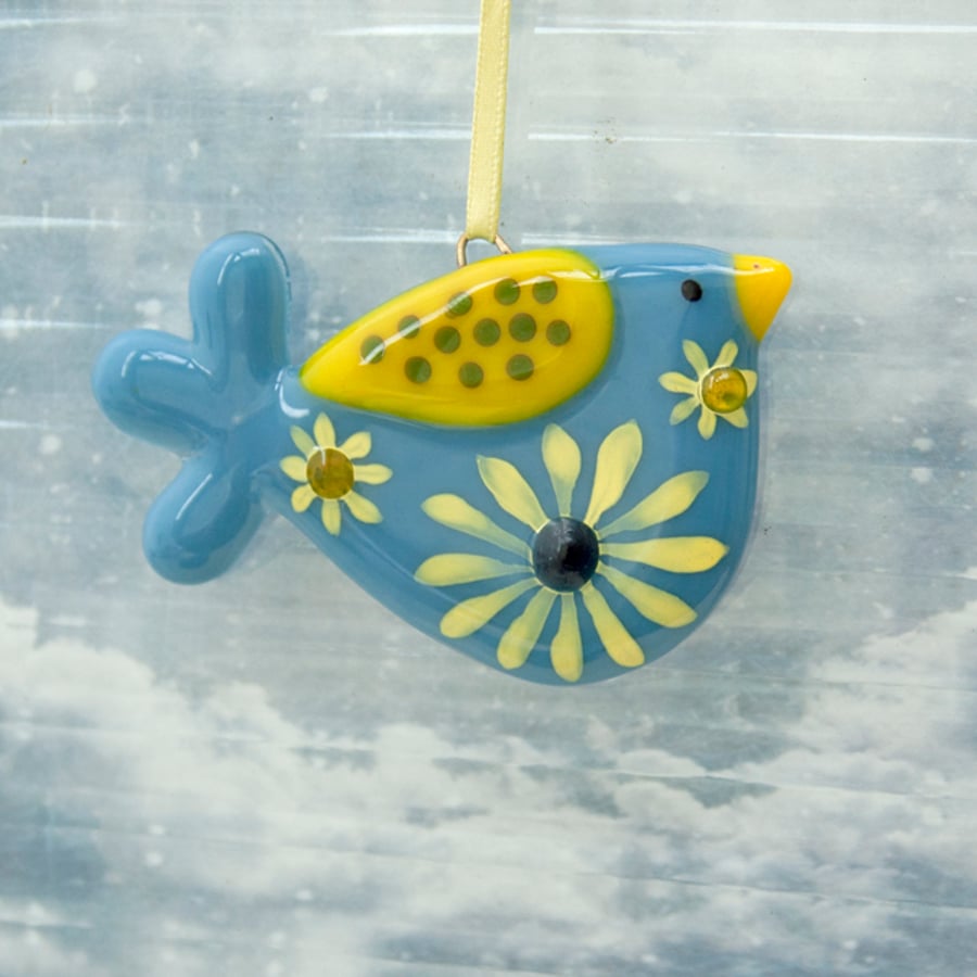 Fused Glass Blue Flowery Bird Decoration