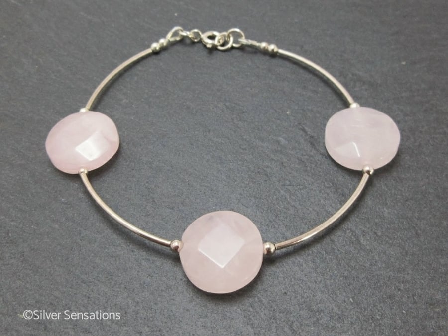 Pink Rose Quartz Faceted Coin Beads & Sterling Silver Curve Tubes Bracelet