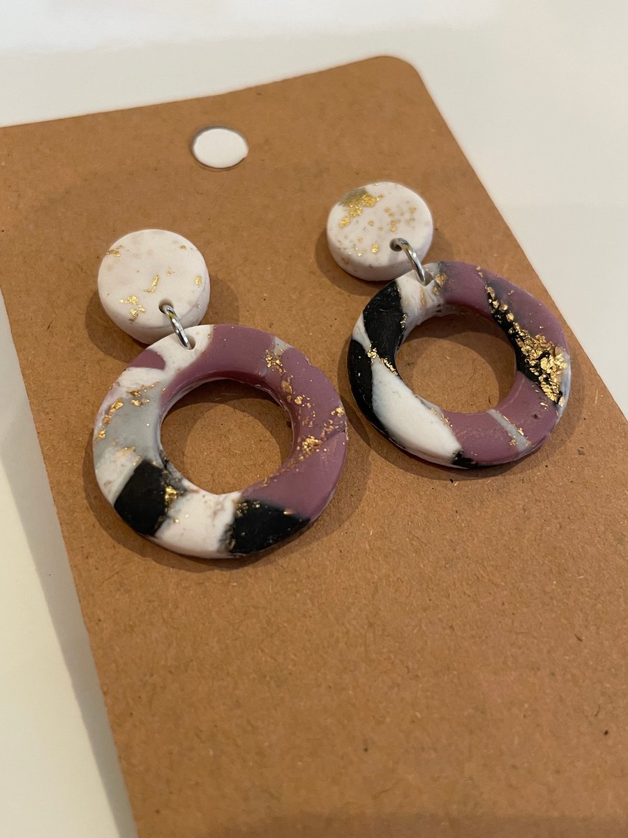 Handmade Polymer Clay Circle Earrings - Marble effect with White Stud