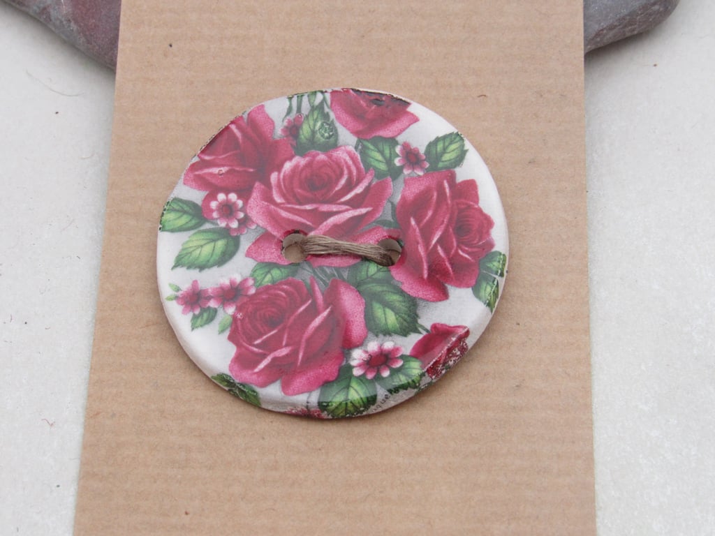 Large Dark Pink Rose Flower Motif Ceramic Button