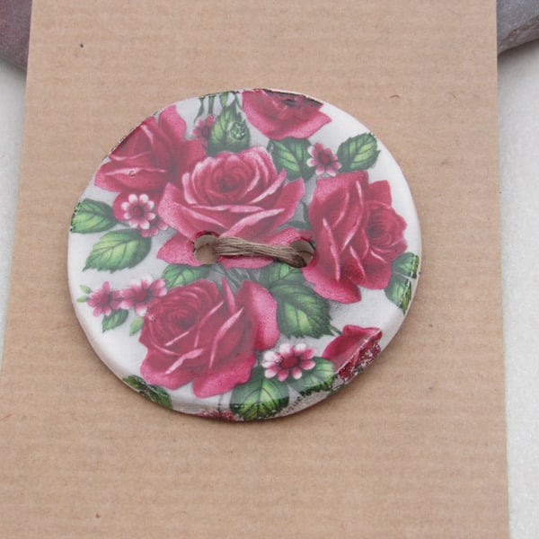 Large Dark Pink Rose Flower Motif Ceramic Button