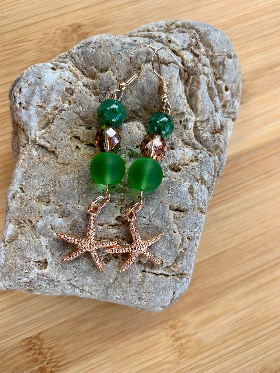 Gold Plated Starfish Sea Glass Dangle Earrings 