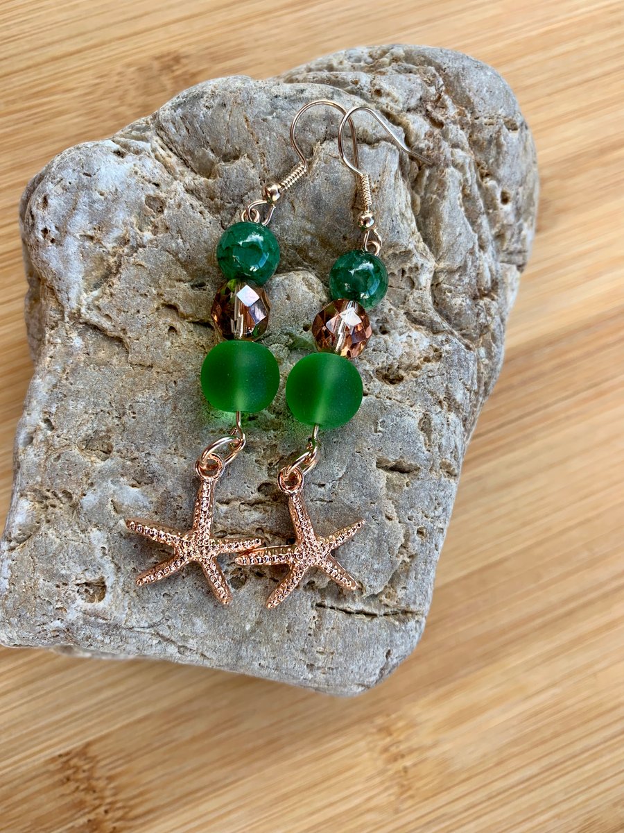 Gold Plated Starfish Sea Glass Dangle Earrings 