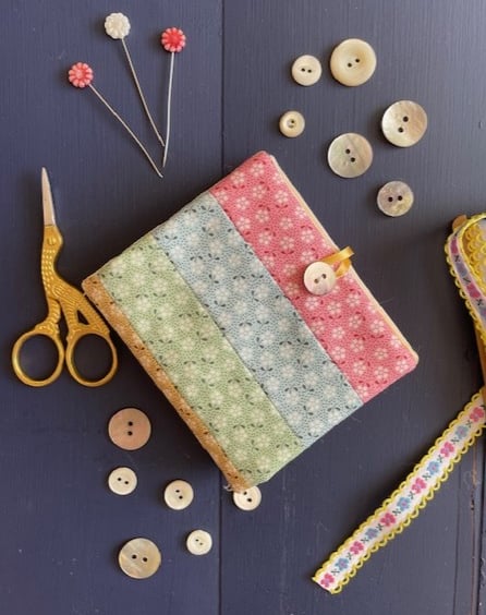 Rainbow patchwork stripe needle case made from Tilda fabric