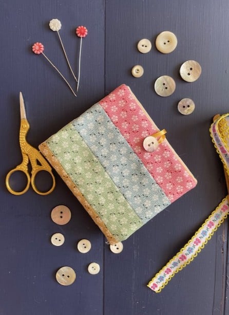 Rainbow patchwork stripe needle case made from Tilda fabric