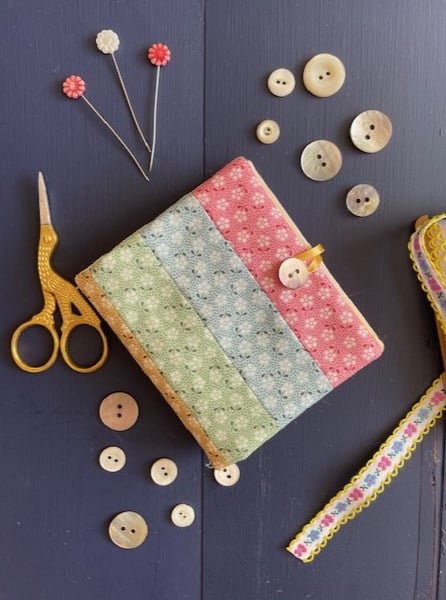 Rainbow patchwork stripe needle case made from Tilda fabric