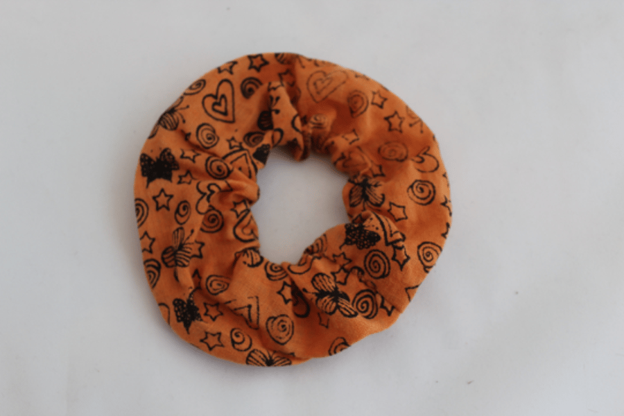 Elastic orange & black hair scrunchie hand print heart,Eco hair accessory,gift