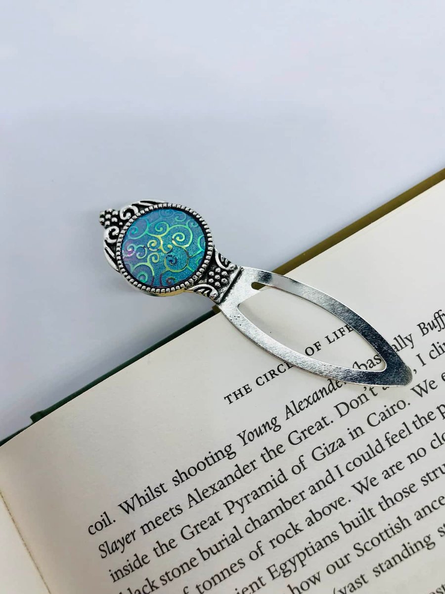 Pearly blue bookmark in Tibetan silver