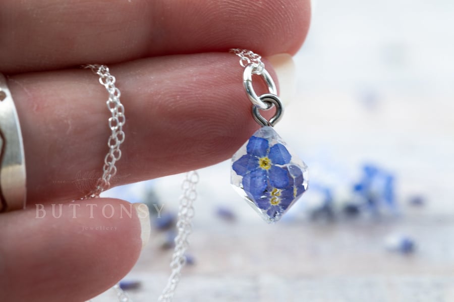 Tiny Forget Me Not Necklace "Raw Crystal" Pressed Flower Jewelry Gifts For Her S
