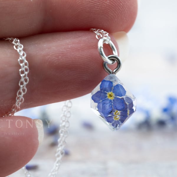 Tiny Forget Me Not Necklace "Raw Crystal" Pressed Flower Jewelry Gifts For Her S