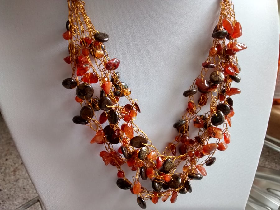 CROCHET CARNELIAN BRONZE NECKLACE  -STATEMENT -    FREE UK POSTAGE