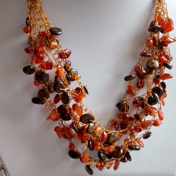 CROCHET CARNELIAN BRONZE NECKLACE  -STATEMENT -    FREE UK POSTAGE