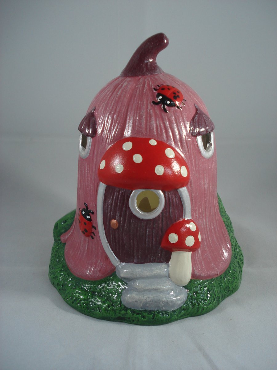 Pink Ceramic Flower Cottage Woodland House Candle Tealight Holder Ornament.
