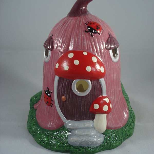 Pink Ceramic Flower Cottage Woodland House Candle Tealight Holder Ornament.