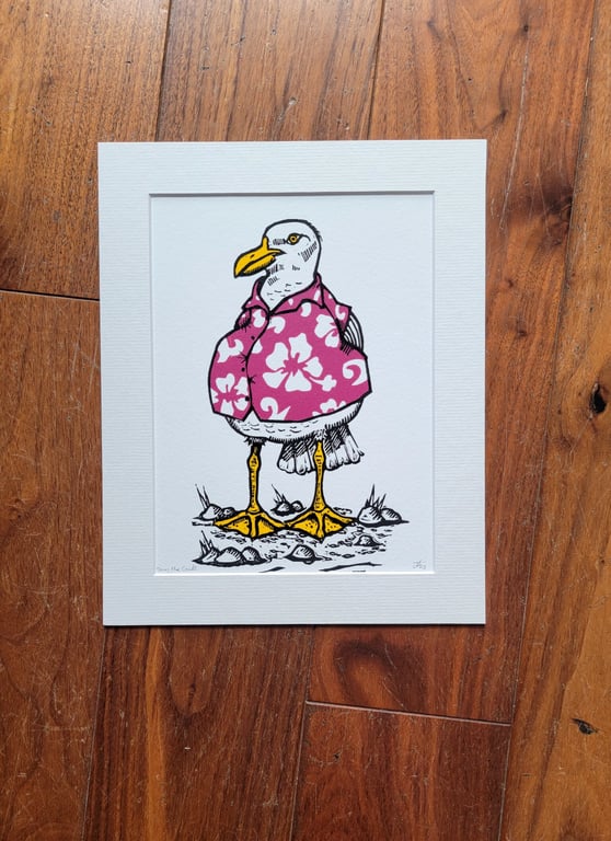 Gull wearing a Hawaiian shirt - handmade linocut bird art print
