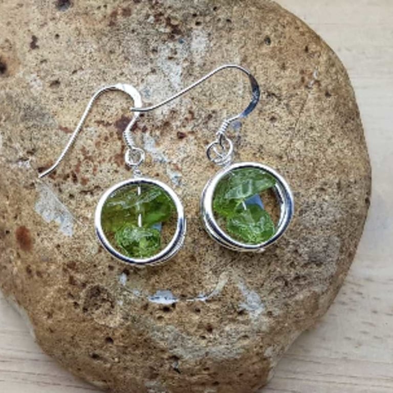 Peridot earrings. August birthstone pendant. Sterling silver circle