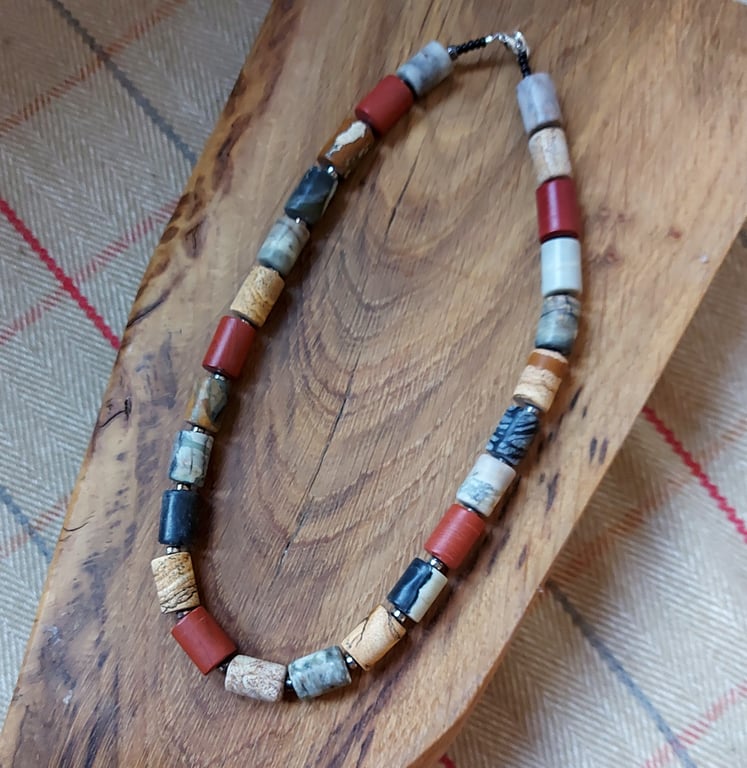 Statement gemstone necklace with Picasso Jasper and Red Jasper