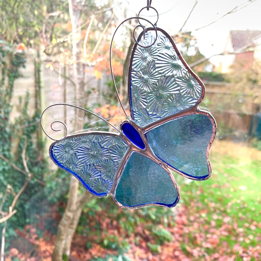Stained Glass Butterfly Suncatcher - Handmade Decoration - Light Blue