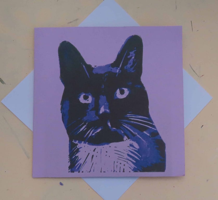 Black Cat Art Greeting Card From Original Lino Cut Print Lilac