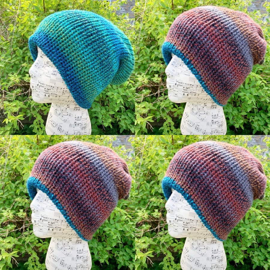 Reversible Hat. Beanie. Slouchy. Knitted Hat. Woolly Hat. Woollen Hat. Hats.