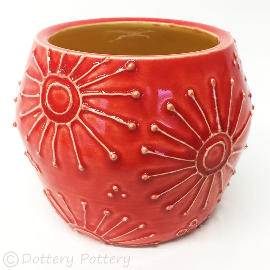 Deep Orange ceramic pot pottery bowl beautiful raised pattern plant pot cactus 