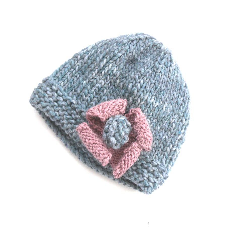 Blue wool hand knit hat 