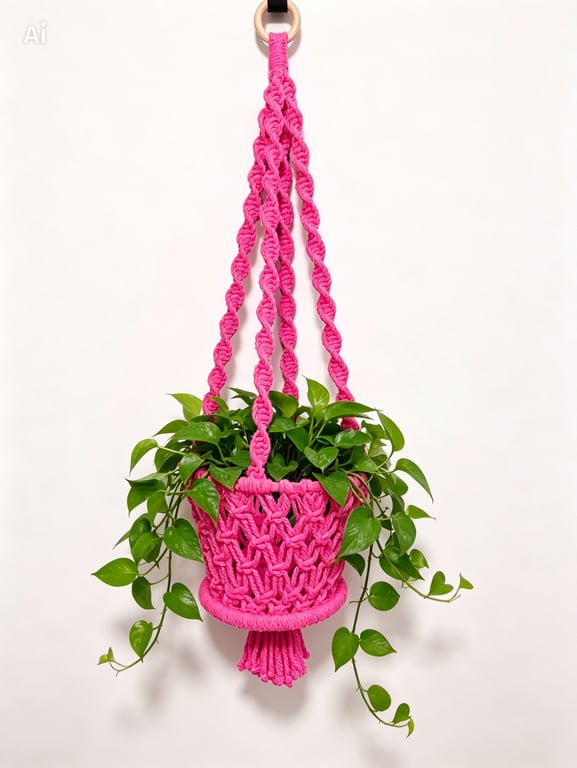 Hot Pink Macrame Plant Hanger Boho Home Decor Free UK Delivery
