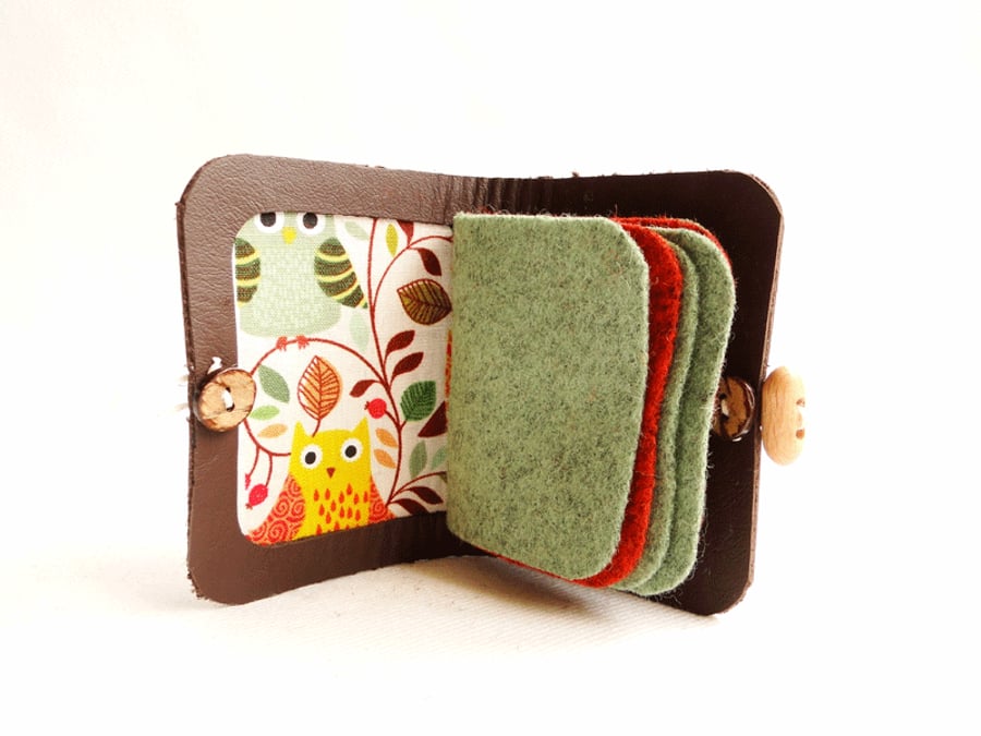 Needle Case - Beige Leather - Owl Fabric - Needle Book - Sewing Gift