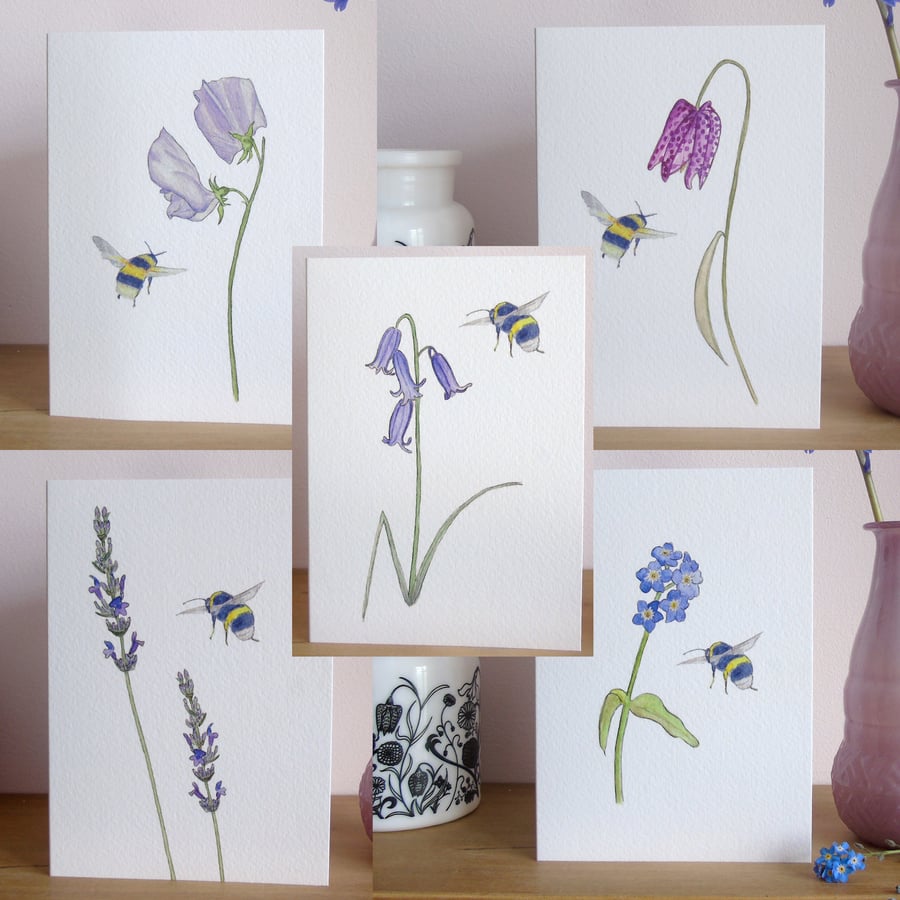 Set of five Flower and Bee Greetings cards