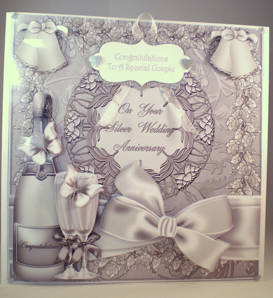 Handmade Large Silver Wedding Anniversary Decoupage, 3D Card,Personalise