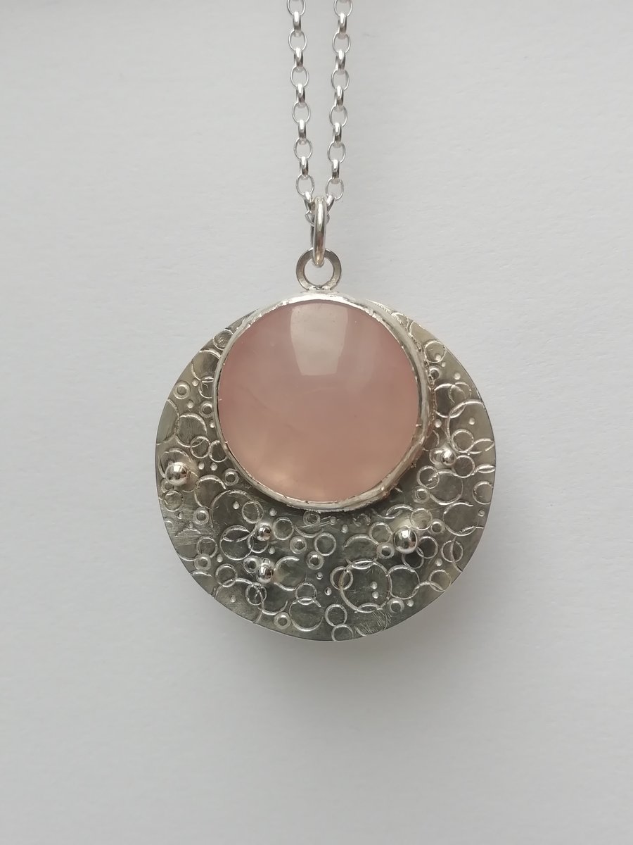 Pink Quartz Cabochon Necklace with a Circle Stamped Disc