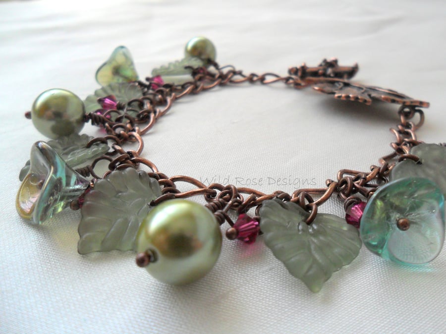Woodland themed Charm style bracelet in green and fuchsia. - Sale item!