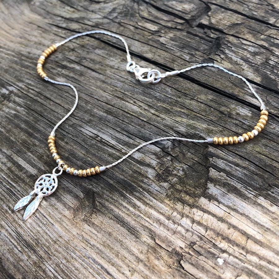 Dream catcher & gold seed bead floating anklet. Sterling silver. 